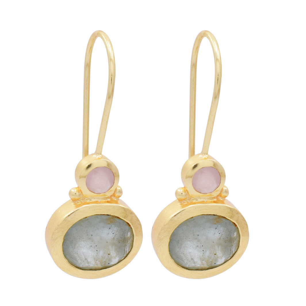 Gold Aqua Marine & Rose Quartz Earrings - Image 2