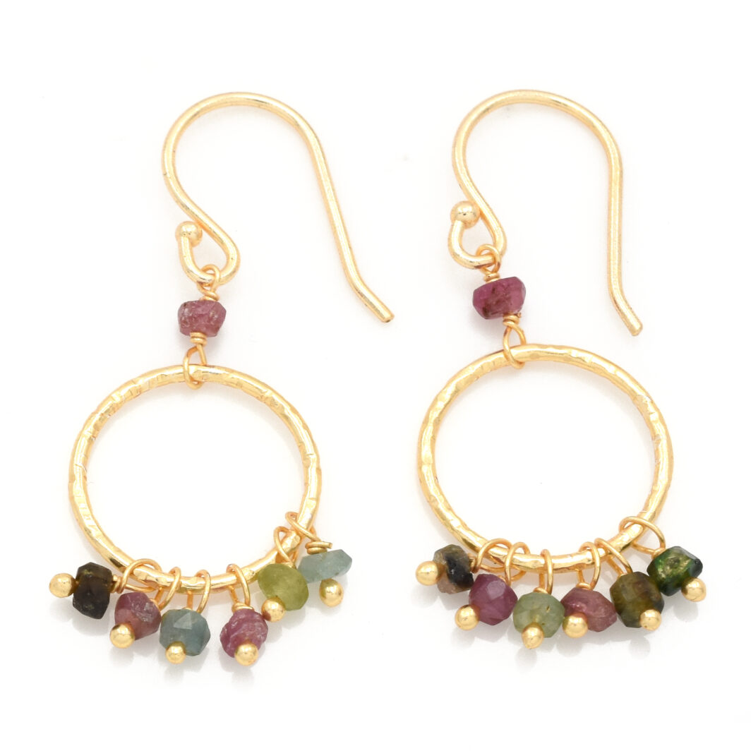 Gold Drop Circle Earring with Multi-Tourmaline