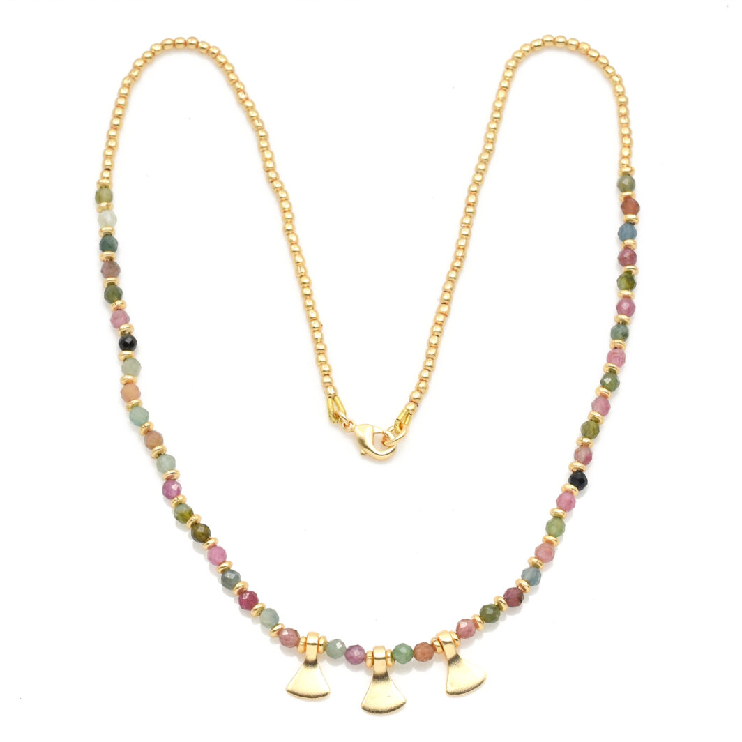 Gold Beaded Necklace with Multi Tourmaline