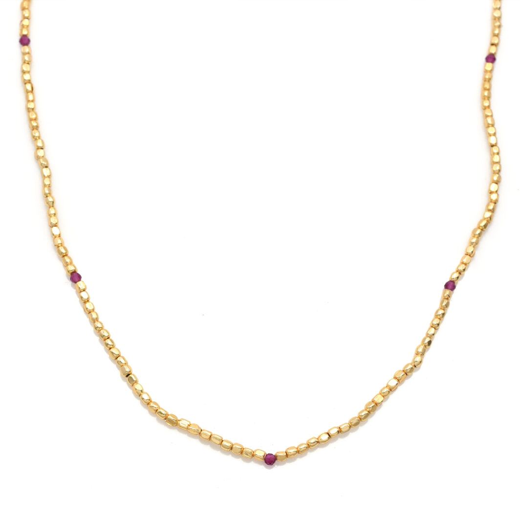 Gold Beaded Necklace with Pink Crystals - Image 2