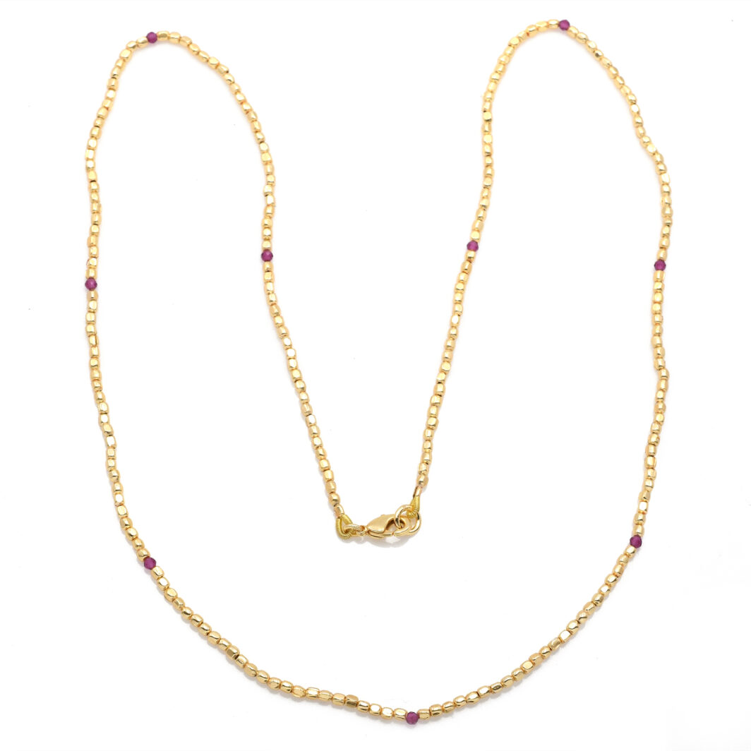 Gold Beaded Necklace with Pink Crystals