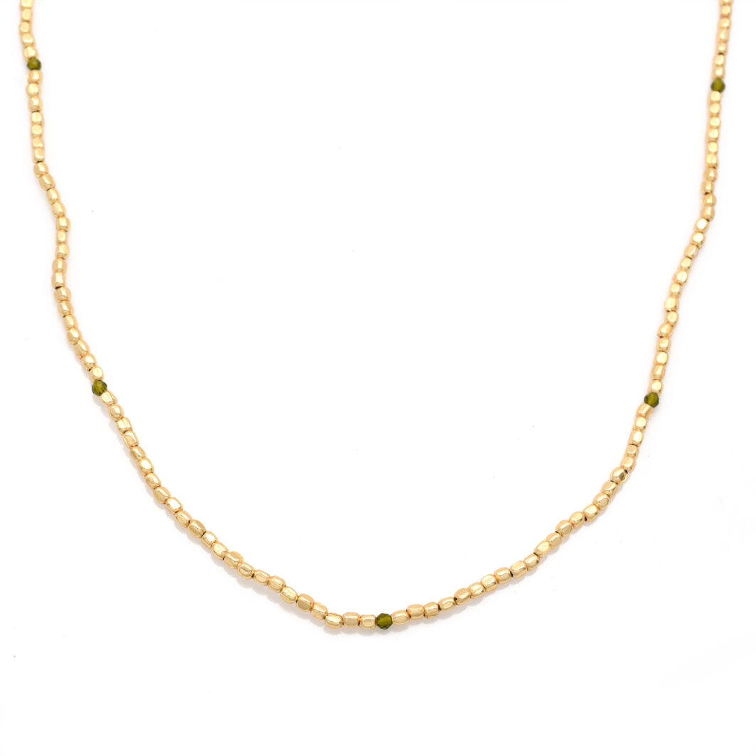 Gold Beaded Necklace with Peridot Crystals - Image 2