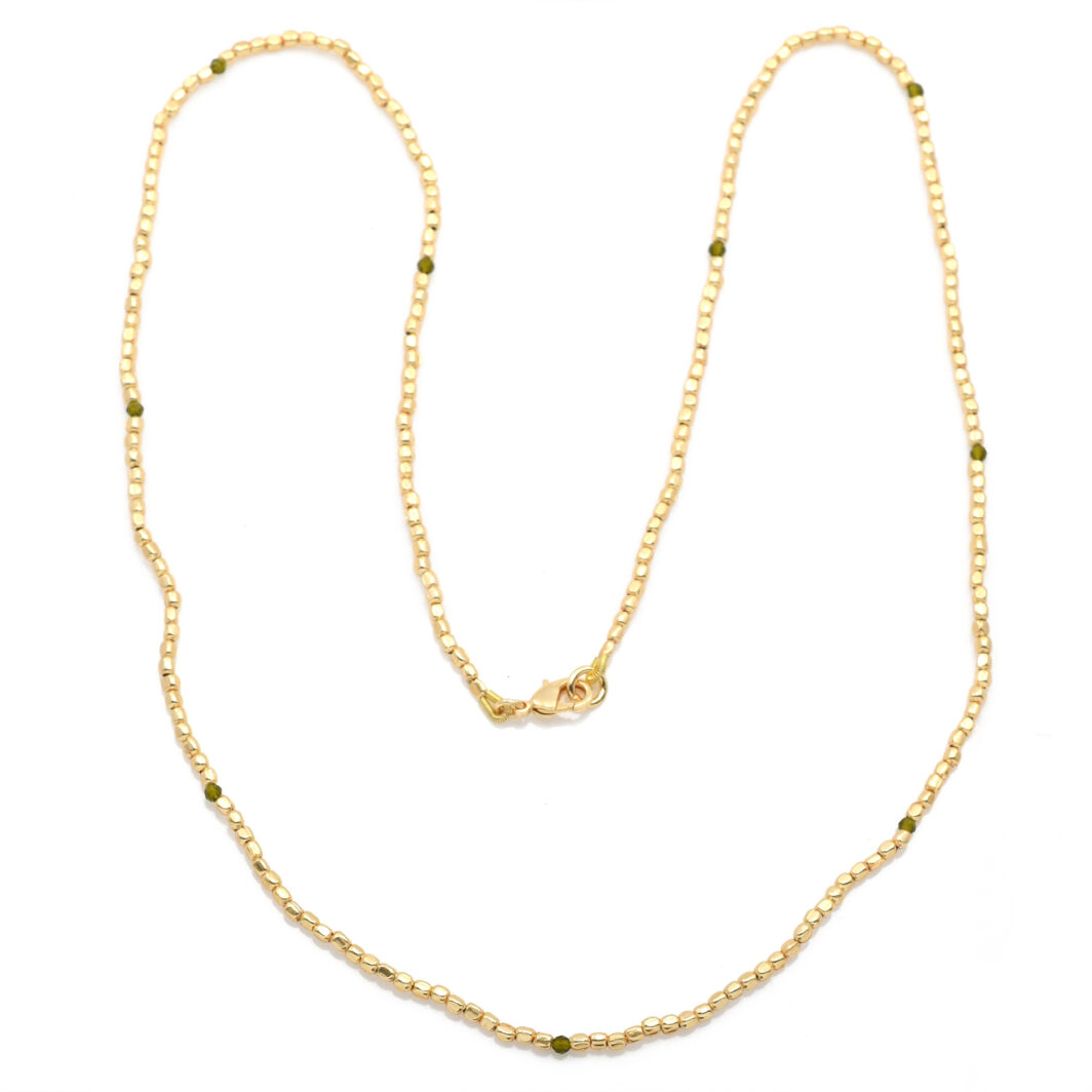 Gold Beaded Necklace with Peridot Crystals