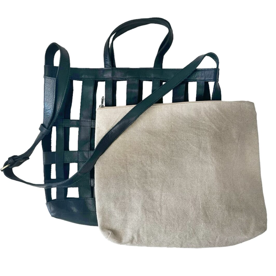 Leather & Canvas Cross Body Bag - 'Gladiator' - Large - Black & Walnut - Image 3