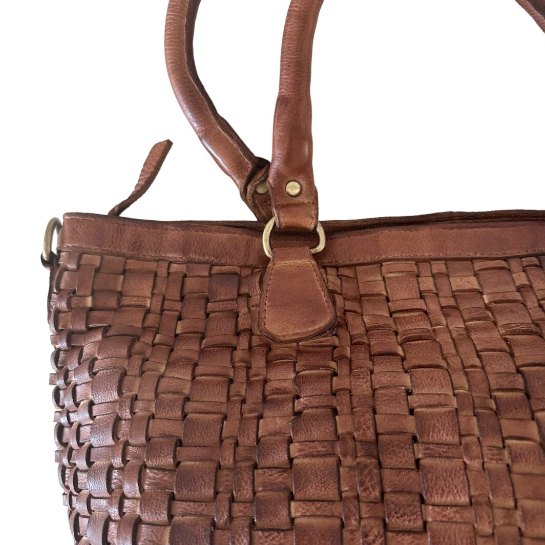 Washed Leather Woven Tote  'Harriet' - Tan - Image 3