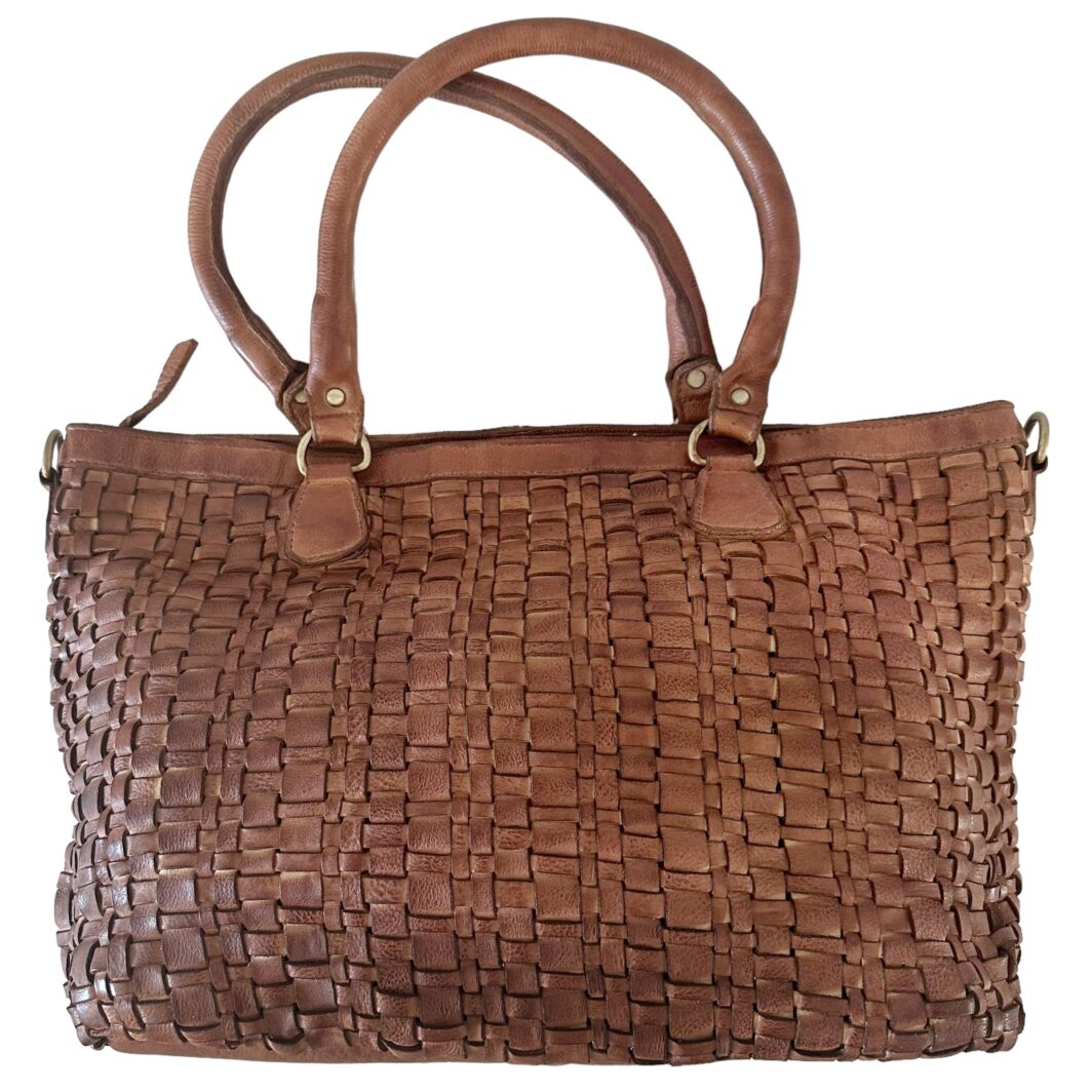 Washed Leather Woven Tote  'Harriet' - Tan