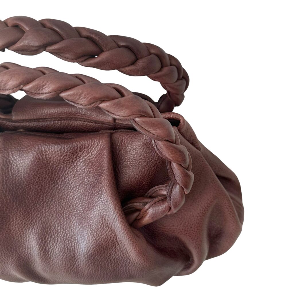 Washed Leather Hand Bag with Braid Handles  'Louisa' - Walnut - Image 2