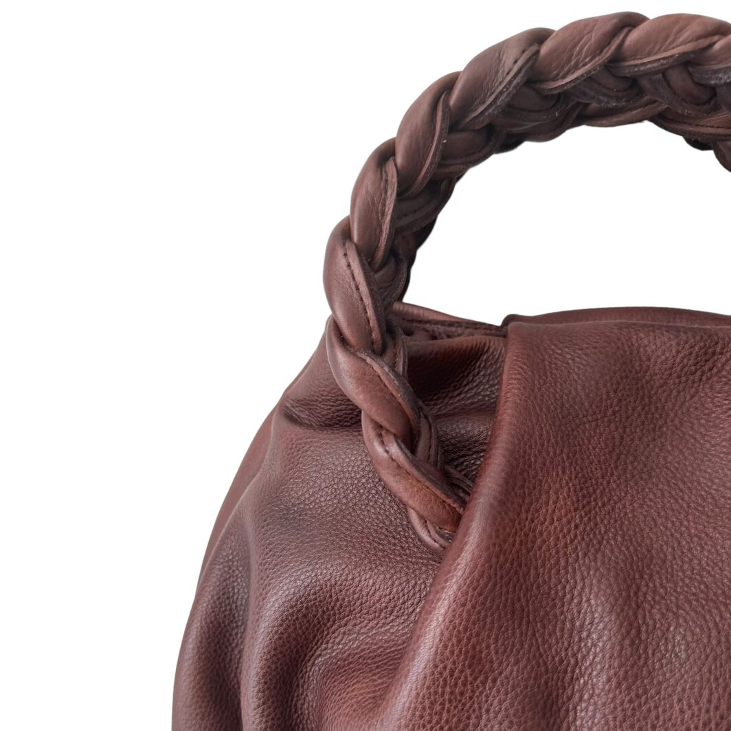 Washed Leather Hand Bag with Braid Handles  'Louisa' - Walnut - Image 3