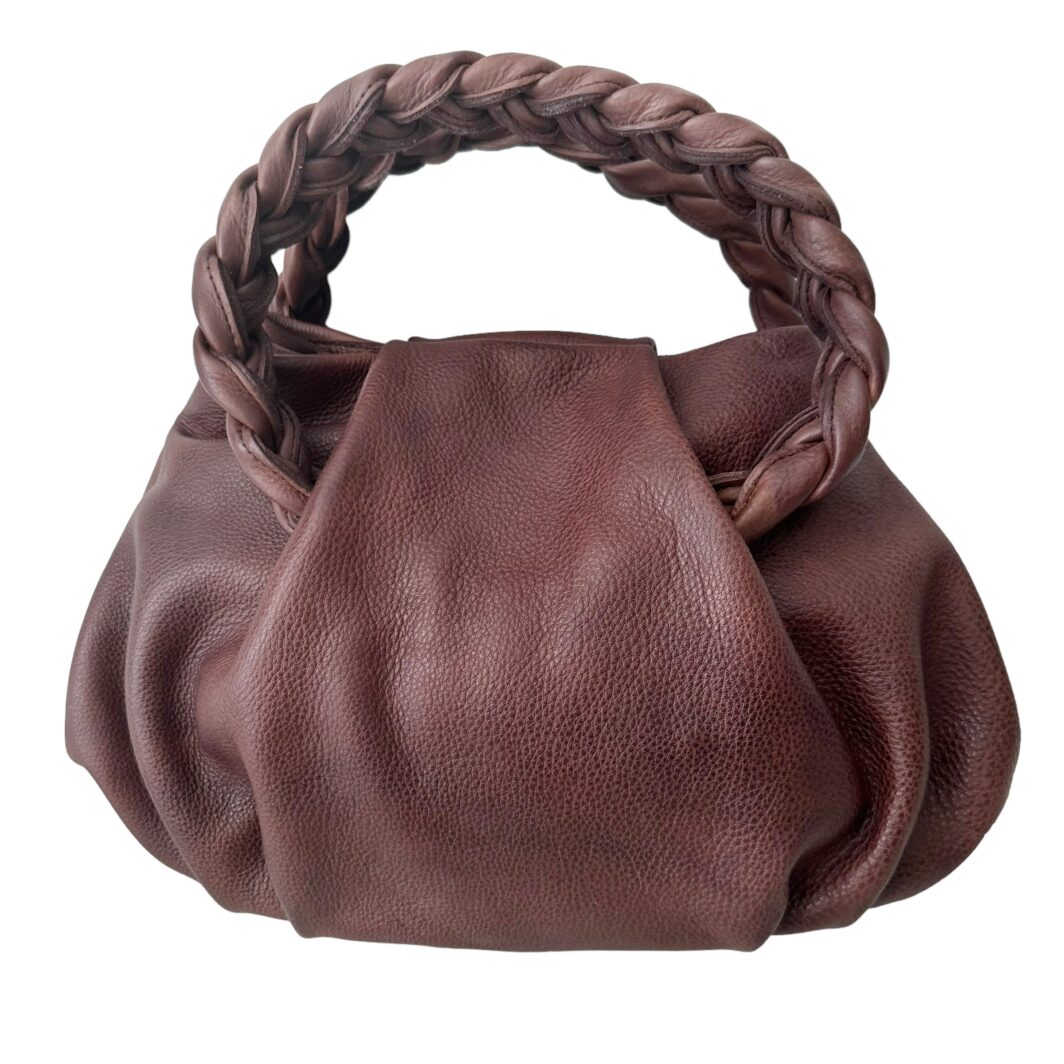 Washed Leather Hand Bag with Braid Handles  'Louisa' - Walnut