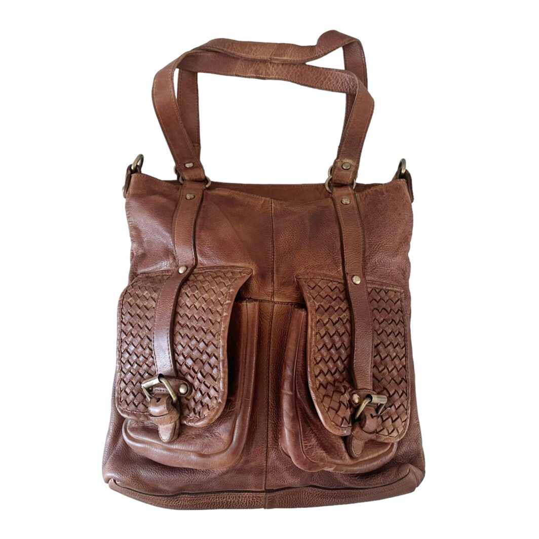 Washed Leather Weave  Pocket Tote  'Grace' - Tan