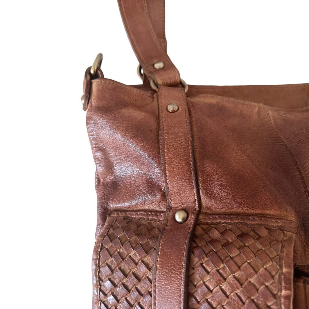 Washed Leather Weave  Pocket Tote  'Grace' - Tan - Image 2